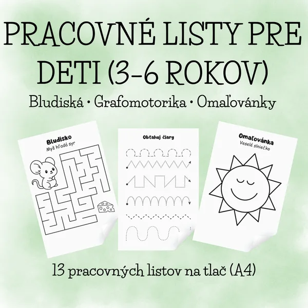 Pracovné listy pre deti (3–6 rokov) – bludiská, grafomotorika, omaľovánky