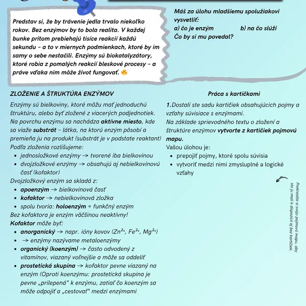 Enzýmy bez bifľovania: Kompletná hodina pre SŠ + maturantov (teória + úlohy + aktivity)