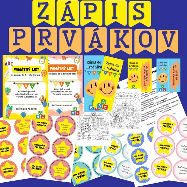 Zápis do 1.ročníka - komplet balíček záložka, medaila, pamätný list, list rodičom, nápis