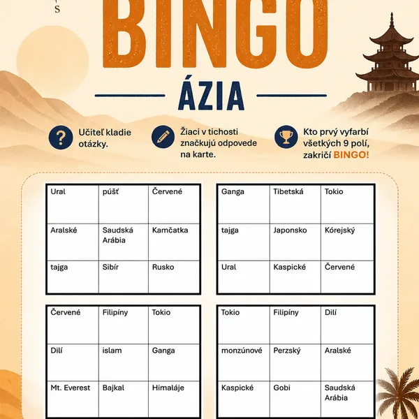 Geografické Bingo - opakovanie Ázie