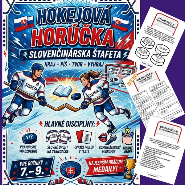 Hokejová horúčka-slovenčinárska štafeta 7.-9.ročník/ gramatika, sloh, čítanie, opakovanie, hra, hokej, majstrovstvá