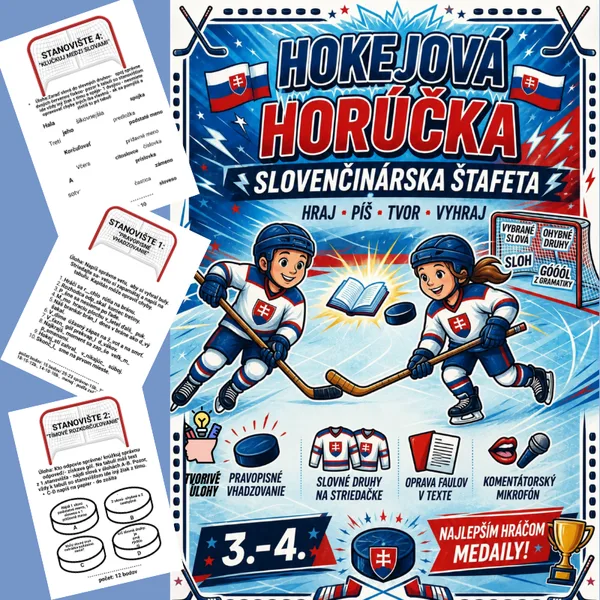 Hokejová horúčka-slovenčinárska štafeta 3.-4.roč./ gramatika, sloh, čítanie, opakovanie, hra, hokej, majstrovstvá