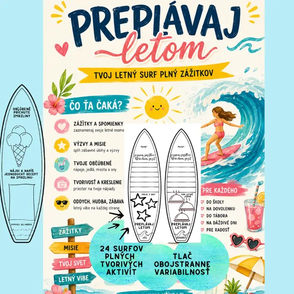 Preplávaj letom/ brožúrka letných aktivít, surf, letné výzvy, kreslenie, zážitky, leto, prázdniny