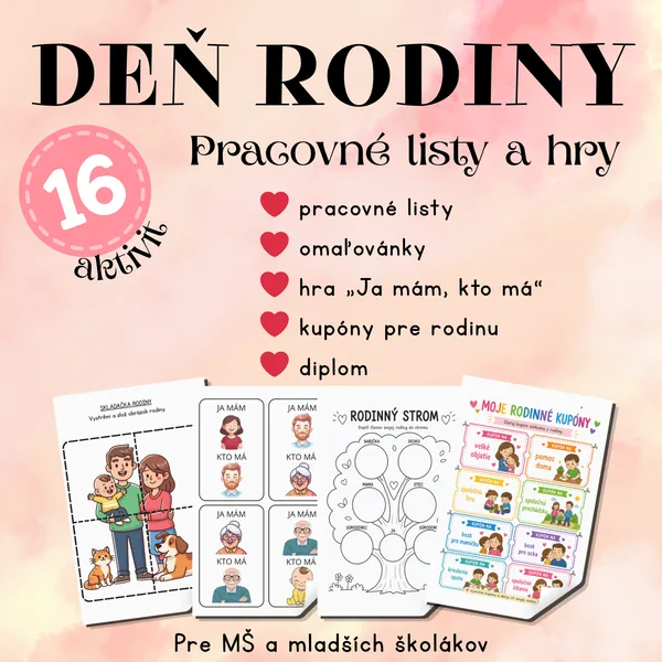 Deň rodiny – pracovné listy a aktivity pre deti (MŠ)