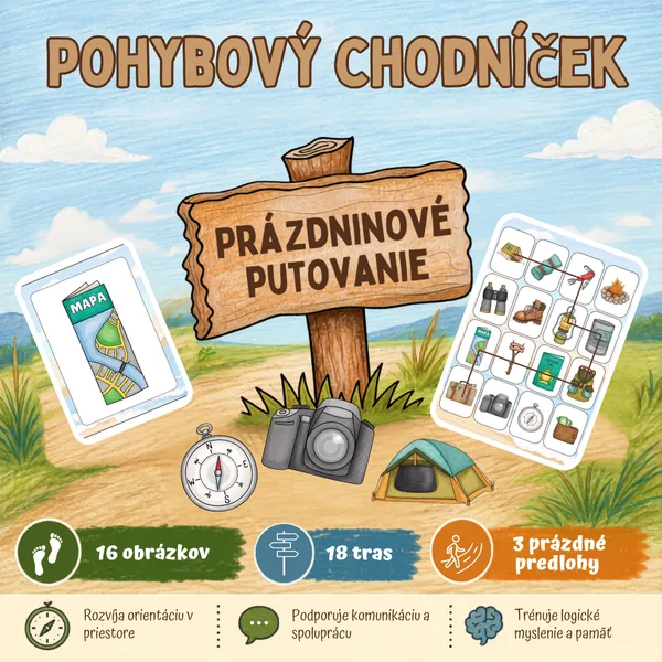 Prázdninové putovanie - pohybový chodníček (pre MŠ a 1. stupeň ZŠ (16 obrázkov, 18 trás, 3 prázdne predlohy)