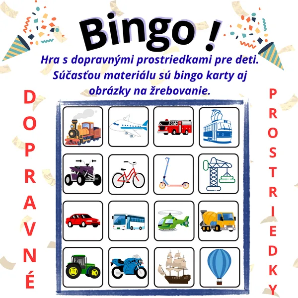 Bingo – dopravné prostriedky pre deti | 20 bingo kariet