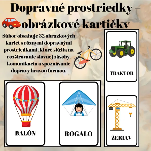 Obrázkové kartičky – Dopravné prostriedky | 32 kartičiek pre deti