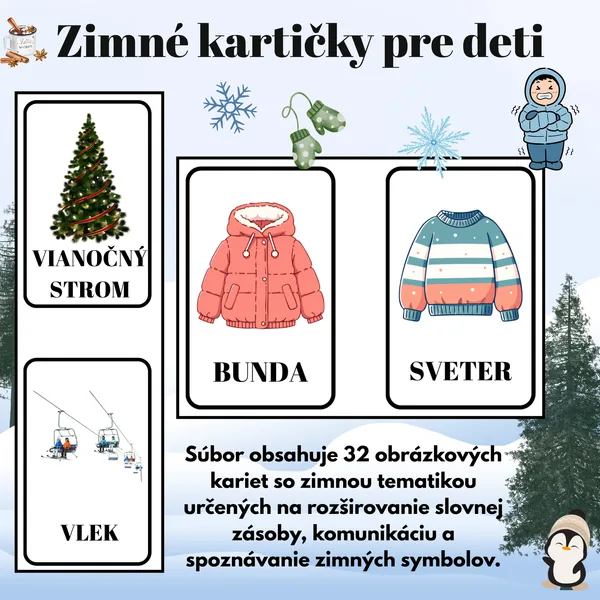 Zimné kartičky pre deti | 32 obrázkových kartičiek