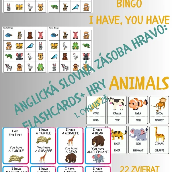 Animals: Veľké flashcards, malé flashcards, Bingo, Ja mám, ty máš...