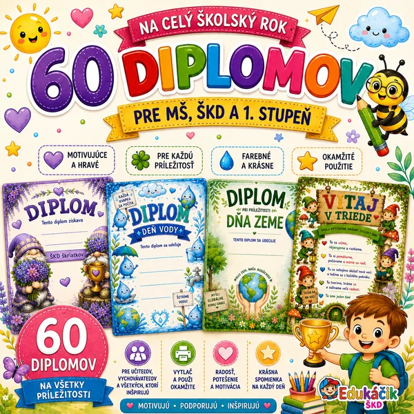 🎓📜 VEĽKÝ BALÍK DIPLOMOV A POCHVÁL PRE DETI - 60 ks📜🎓 