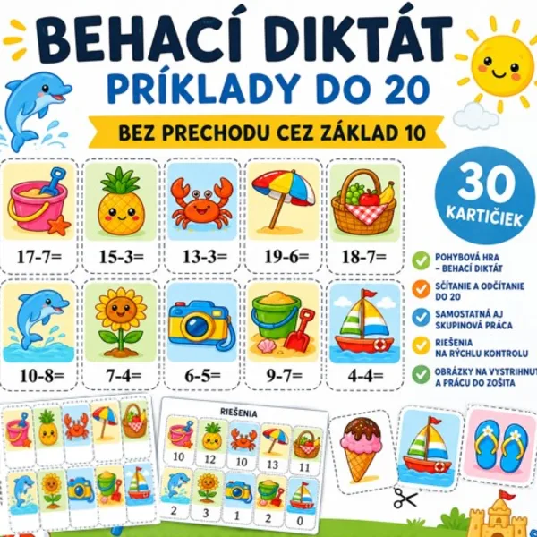 Behací diktát - príklady do 20 bez prechodu cez základ LETO