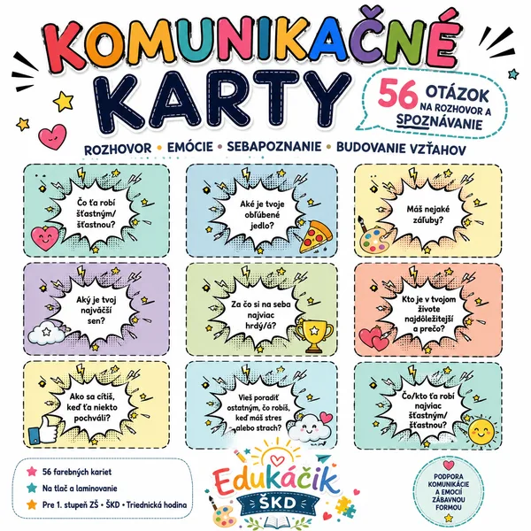 🗨️ KOMUNIKAČNÉ KARTY – 56 OTÁZOK NA ROZHOVOR A SPOZNÁVANIE