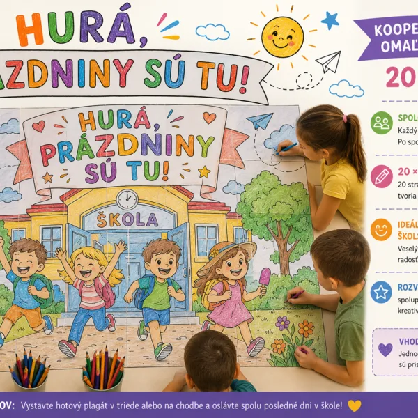 Hurá, prázdniny sú tu! – kooperatívna mega omaľovanka (20 × A4) 🌞✏️