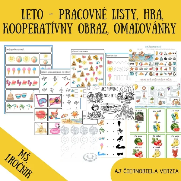 Leto - pracovné listy, hra, kooperatívny obraz, omaľovánky 