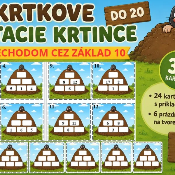 Krtkove sčítacie krtince do 20 (s prechodom cez základ 10) 🧮 ➕