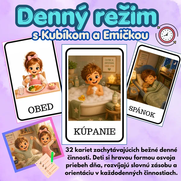 Denný režim s Emičkou a Kubíkom – 32 ukážkových kariet