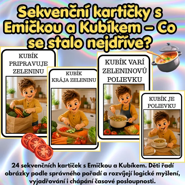 Sekvenčné kartičky s Emičkou a Kubíkom – Čo sa stalo ako prvé? 🔄