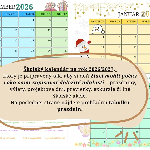 Školský kalendár 2026/2027 + tabuľka prázdnin