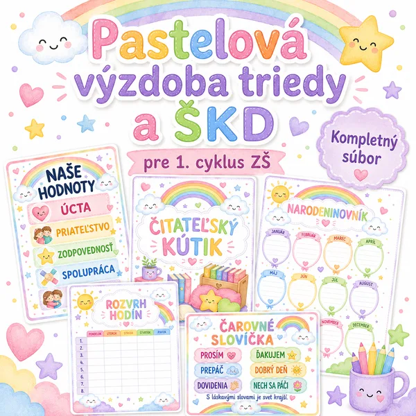 Pastelová výzdoba triedy a ŠKD pre 1. cyklus ZŠ