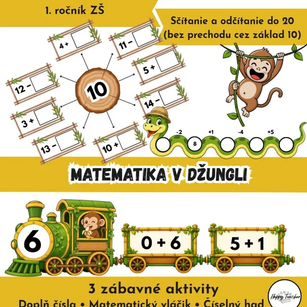 Matematika v džungli – 3 aktivity na počítanie do 20 (bez prechodu cez 10)