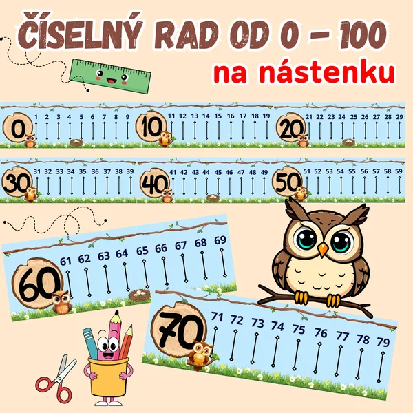 Číselný rad do 100 nástenku - výzdoba sovičky