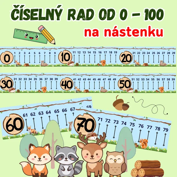 Číselný rad do 100 nástenku - lesná výzdoba/lesné zvieratká