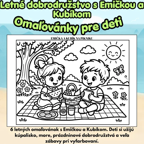 Letné dobrodružstvo s Emičkou a Kubíkom – omaľovánky 🌞
