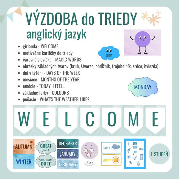 Výzdoba do triedy – anglický jazyk (čarovné slovíčka, farby, počasie a ďalšie)