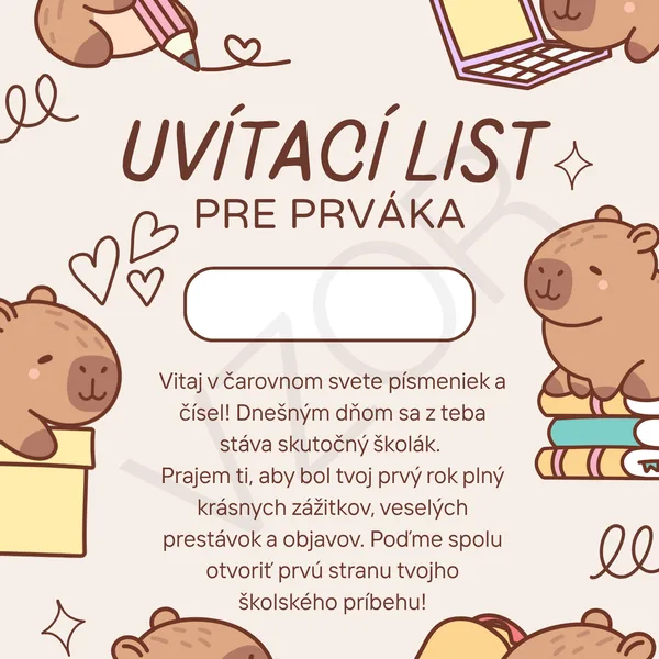 Roztomilý uvítací list pre prváka a prváčku s motívom kapybary