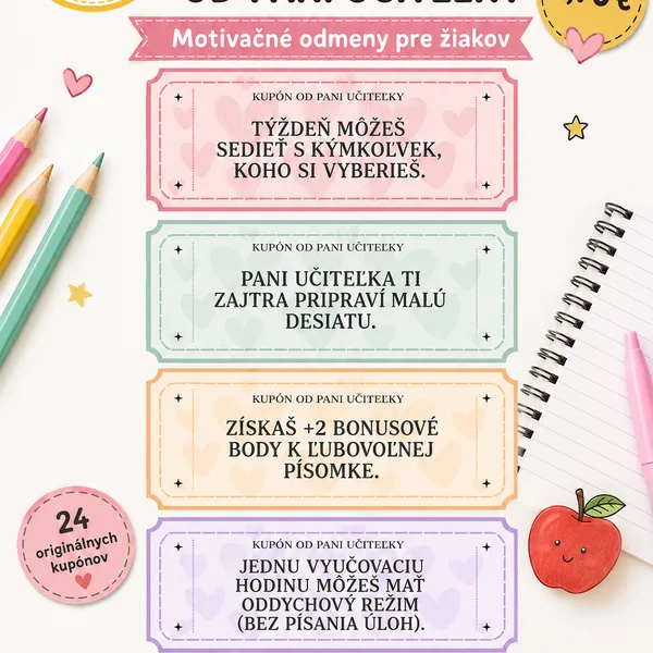 Kupóny od pani učiteľky – 24 motivačných kupónov pre žiakov