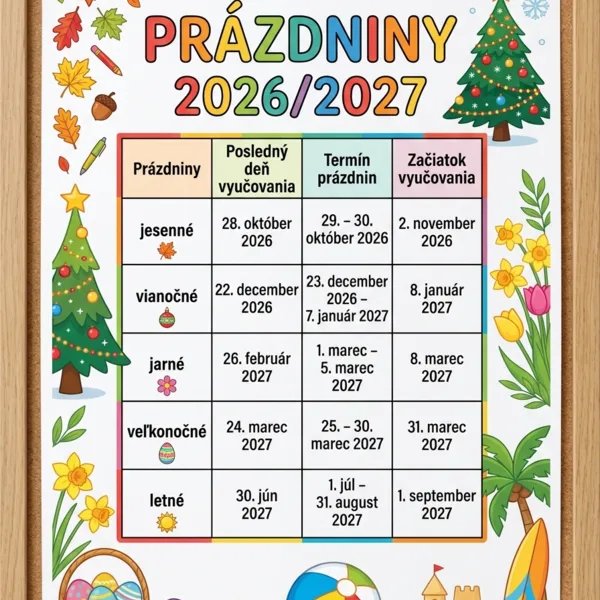 Prázdniny 2026/2027 (Bratislavský kraj, Nitriansky kraj, Trnavský kraj)