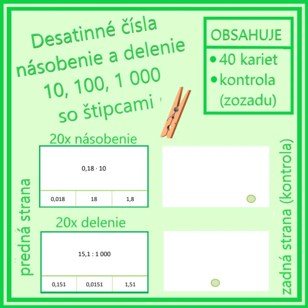 Desatinné čísla - násobenie a delenie 10, 100, 1 000 s štipcami 