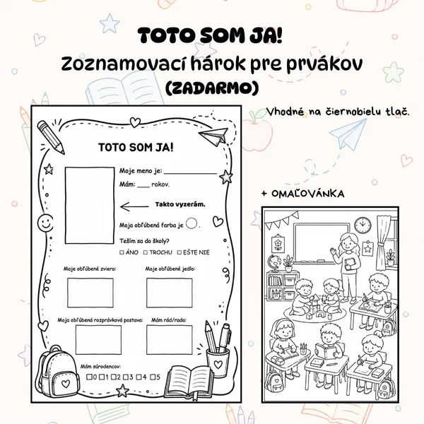 TOTO SOM JA! Zoznamovací hárok pre prvákov + OMAĽOVÁNKA (ZADARMO)