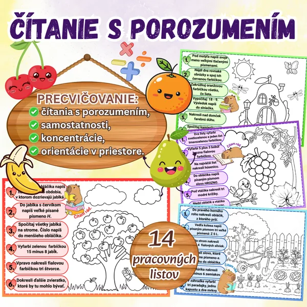 Čítanie s porozumením - pracovné listy, ovocie a zelenina