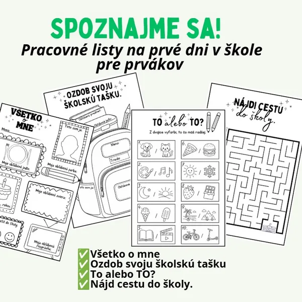 🏫 PRVÉ DNI V ŠKOLE – 4 PRACOVNÉ LISTY PRE PRVÁKOV