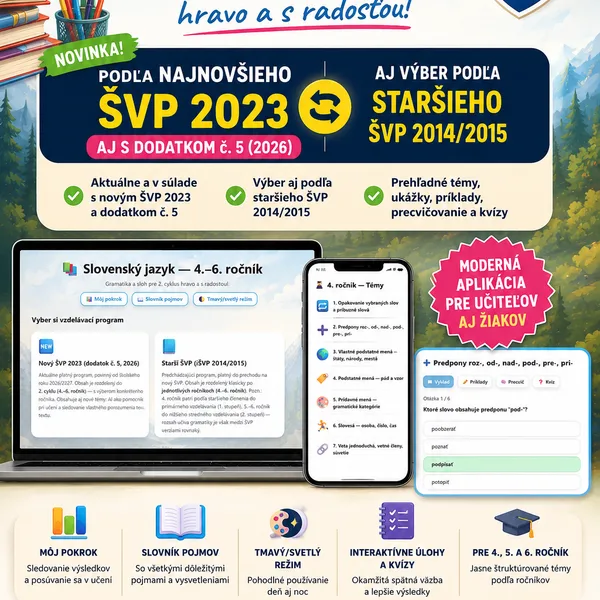 Slovenský jazyk – 2. cyklus ZŠ, jediná aplikácia, ktorá rieši prechod škôl na nový ŠVP 2026/2027