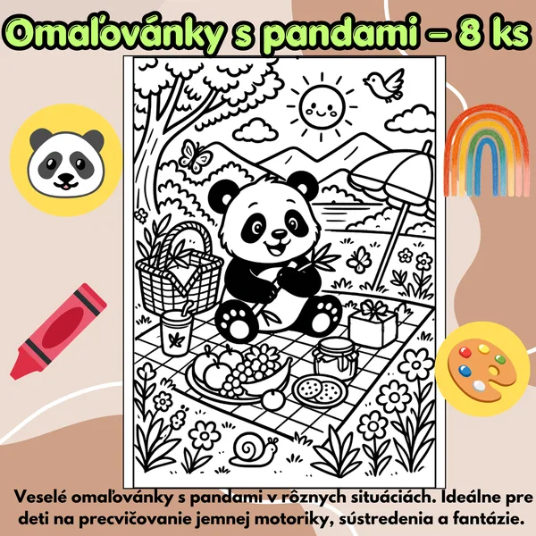 🐼 Omalovánky s pandami – 8 ks 🎨
