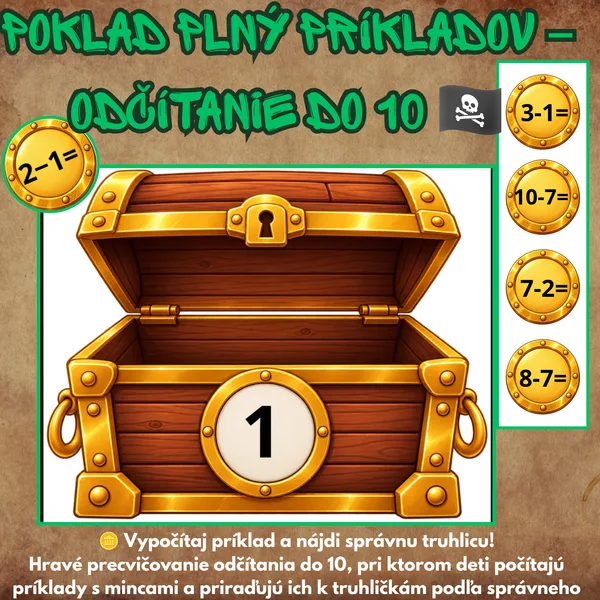 Poklad plný príkladov – odčítanie do 10 🪙🏴‍☠️
