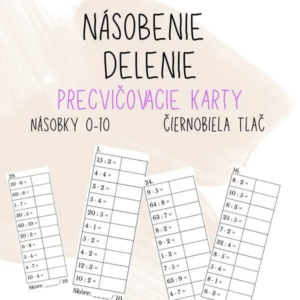 Násobenie a delenie - 36 kariet na precvičovanie