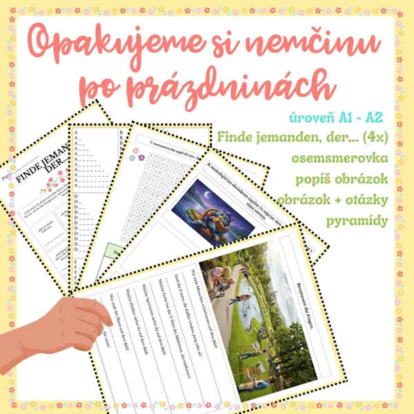Súbor aktivít na hodiny nemčiny (začiatok školského roka, warm-up) - zvieratá, záľuby, farby, školské pomôcky, športy, škola,...