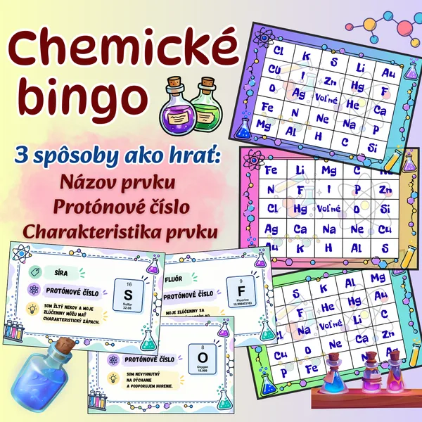 Chemické bingo - chemické prvky, protónové čísla, charakteristika prvkov / Chémia / Periodická tabuľka