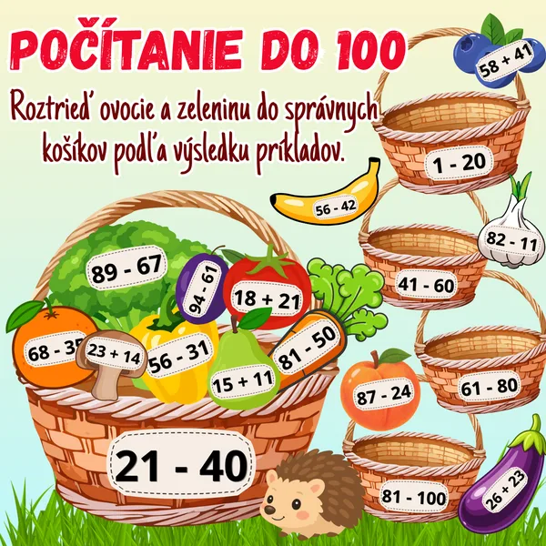 Sčítanie a odčítanie do 100 bez prechodu do 10 / Počítanie do 100 / Čísla do 100 / Ovocie a zelenina