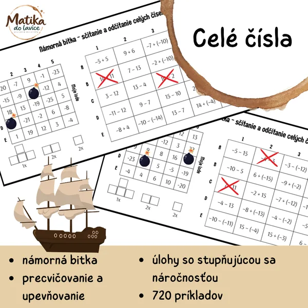 Námorná bitka – sčítanie a odčítanie celých čísel | 39 dvojíc