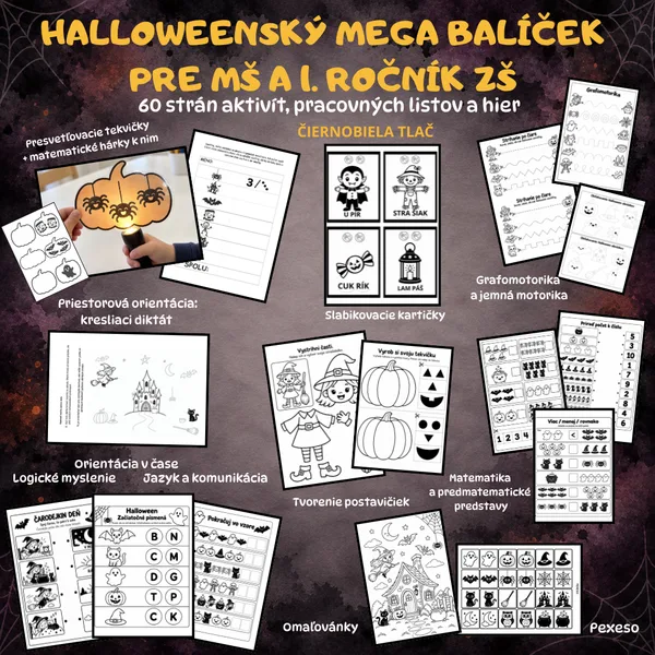 👻 HALLOWEENSKÝ MEGA BALÍČEK PRE MŠ A 1. ROČNÍK ZŠ – 60 strán aktivít, pracovných listov a hier