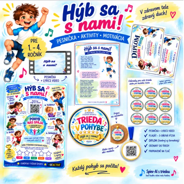 Hýb sa s nami! – pohybovo-hudobný balík, triedna výzva, diplom, medaila, video, text piesne