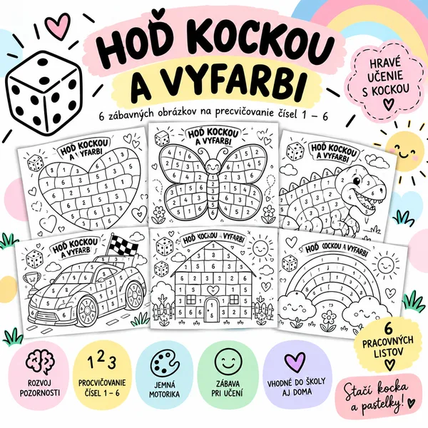Hoď kockou a vyfarbi – čísla 1–6