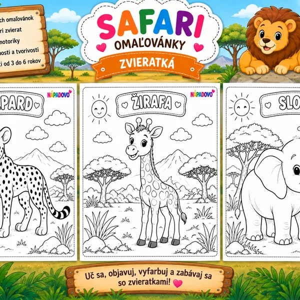 🦁 Omaľovánka – Safari zvieratká
