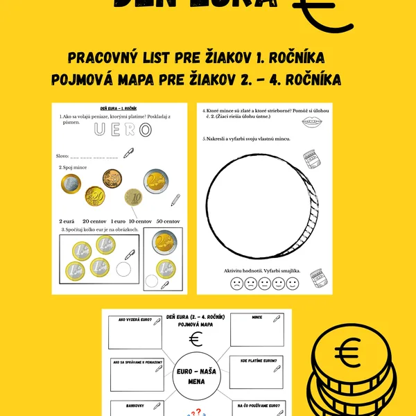 Deň eura -pracovný list pre 1. ročník a pojmová mapa pre 2.- 4. ročník ZŠ