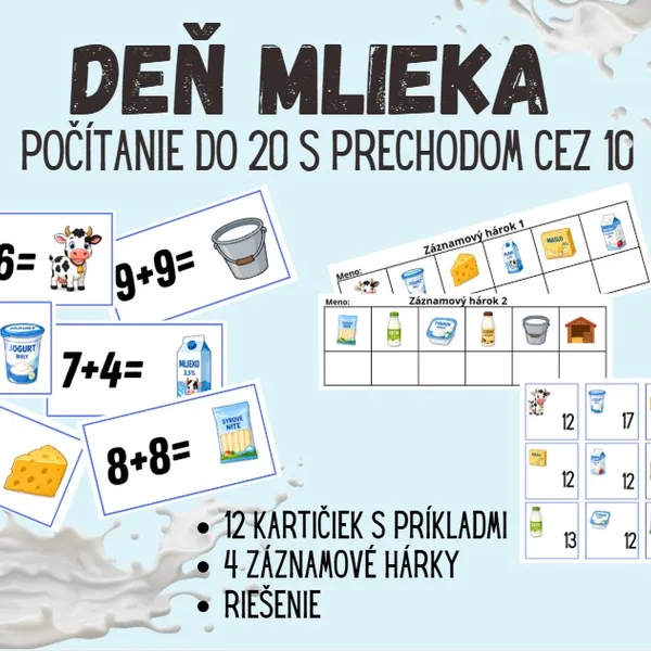 🥛 DEŇ MLIEKA Sčítanie do 20 s prechodom cez základ 10
