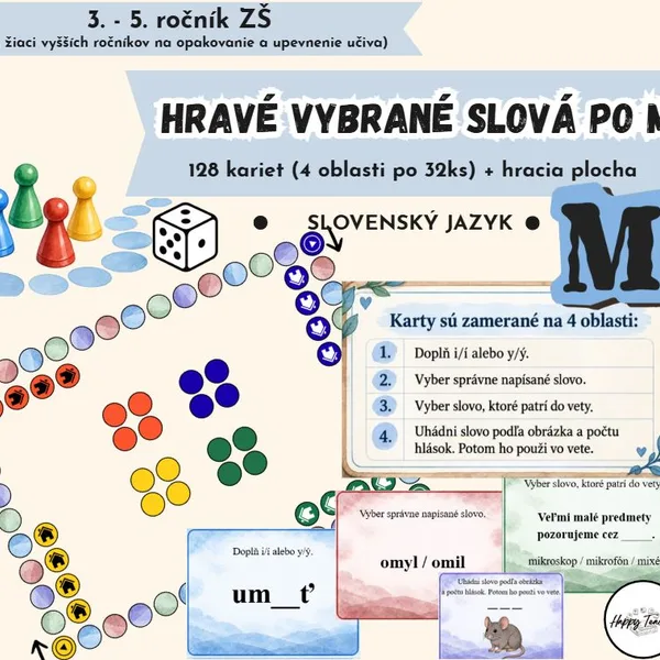 Hravé vybrané slová po M | Hracia plocha + 128 kariet